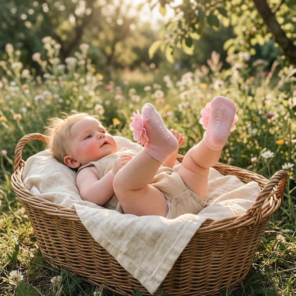 Baby Girl Socks with Non-Slip Grips, 4 Pairs Cute Soft Cotton Breathable Flower Infant Ankle Socks