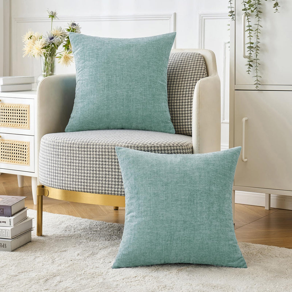 Soft Chenille Throw Pillow Covers Aqua Green 20x20 Inch Pack of 2