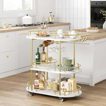 Bar Carts Gold with 4-Tiers Storage Shelves,Mobile Bar Seving Cart On Wheels with Wine Rack and Glass Holder ,White.