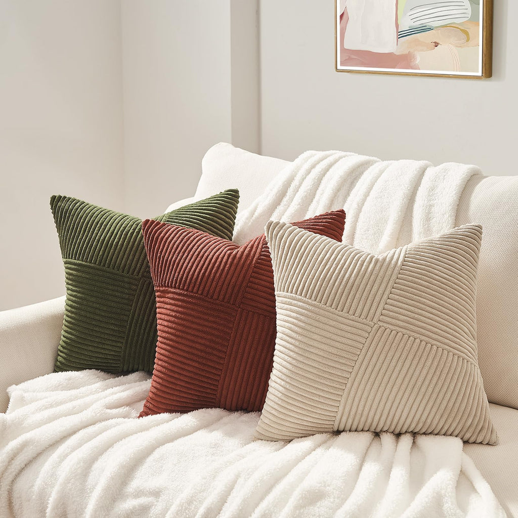 22x22 Pillow Covers Set of 2, Windmill Textured Striped Patchwork Tan Decorative Throw Pillow Covers Soft Corduroy
