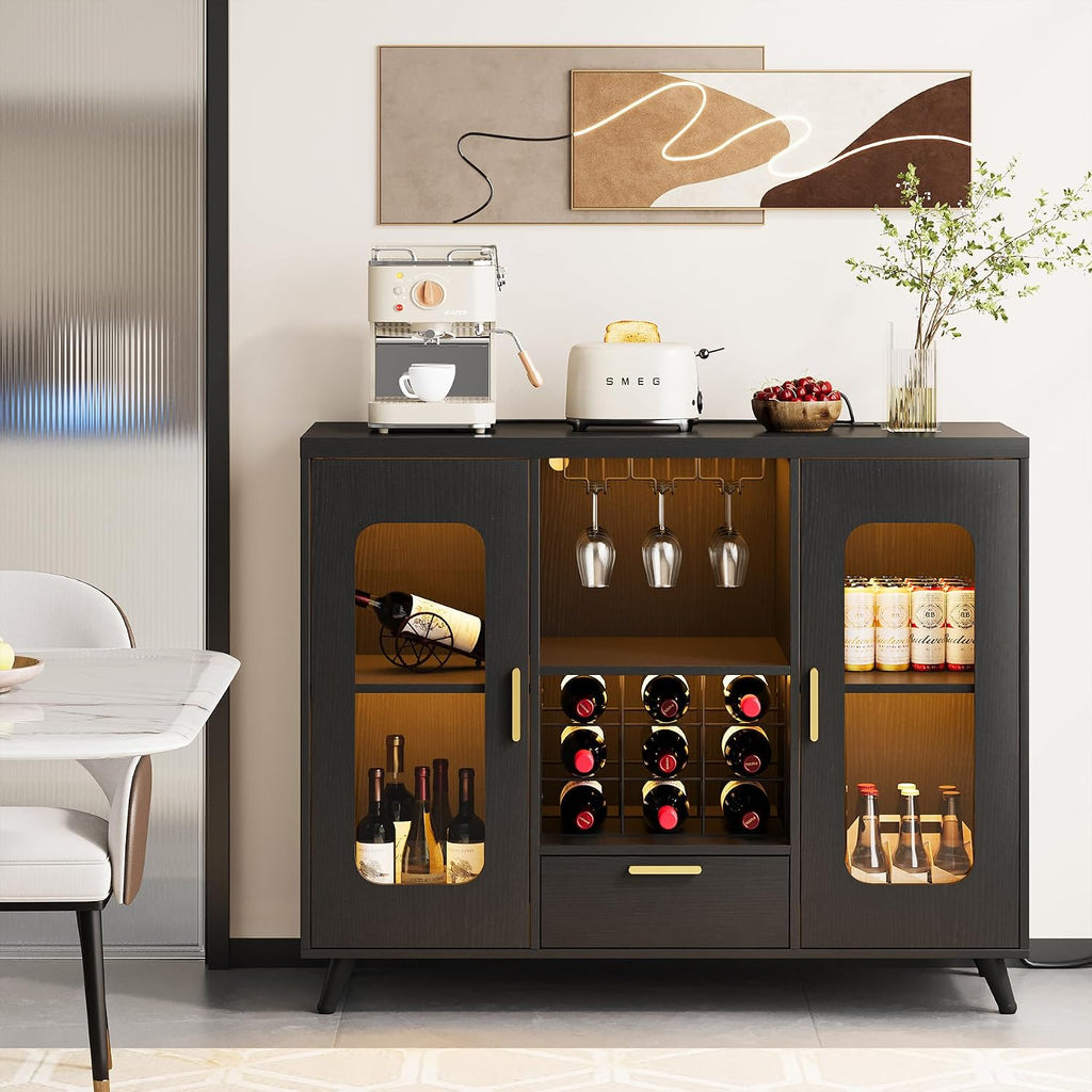 Bar Cabinet with Power Outlets, Modern Coffee Bar Sideboard with LED Light, Farmhouse Liquor Cabinet with Wine Rack