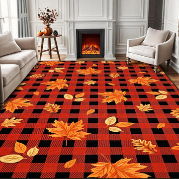 Fall Rug Area Rugs Non Slip Washable Rug Soft Faux Wool Large Rugs Maple Leaves Throw Rugs Vintage Buffalo Plaid