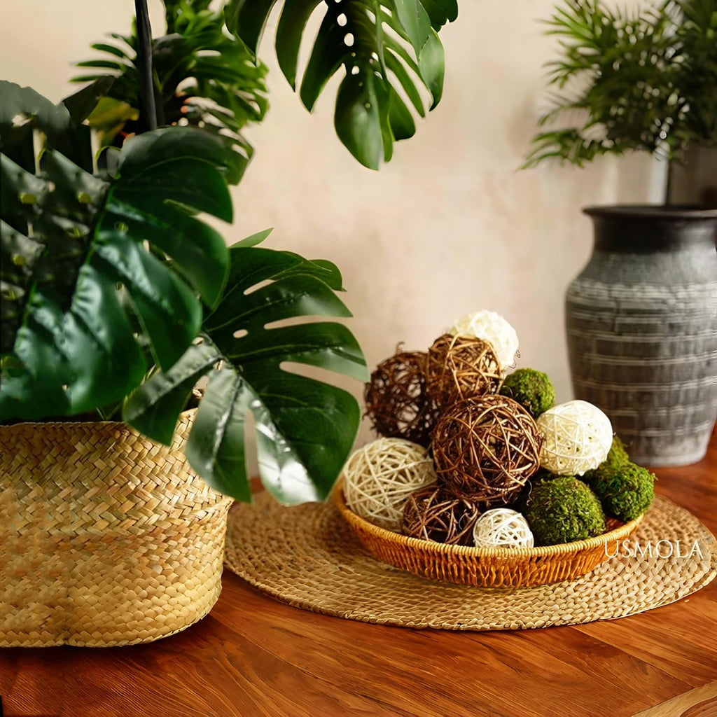 Decorative Balls for Centerpiece Bowl - Fake Moss Balls + Rattan Wicker Balls, Artificial Moss - Set of 18