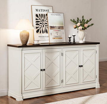 63 Inch Buffet Cabinet with Storage, 4 Barn Doors, Off White