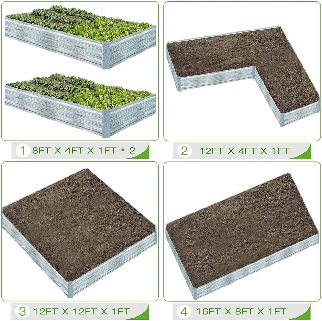 2-Pack Galvanized Raised Garden Bed 8x4x1ft | Above Ground Planter Overlap Panels No-Deform, Anti-Rust, Heavy-Duty