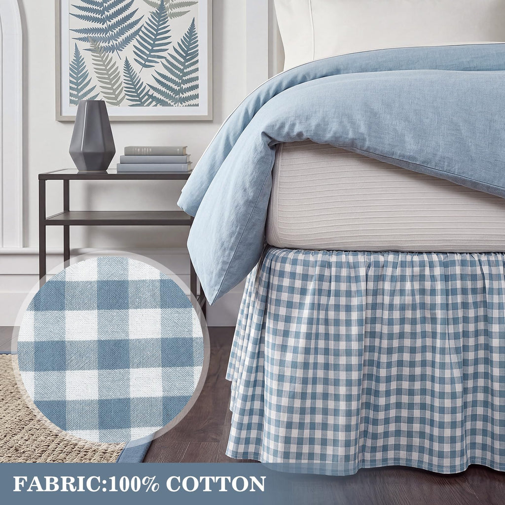 Blue White Gingham Bed Skirt Queen Size 16" Drop Pleated