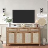63" Rattan Sideboard Buffet Cabinet, Boho Storage Cabinet with Adjustable Shelves