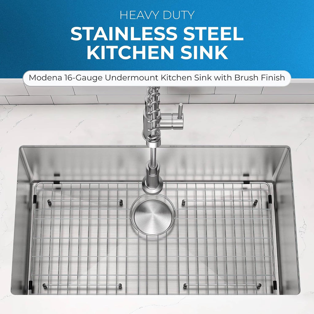 Modena 32-Inch Undermount Kitchen Sink - 32 x 19 x 10 in | 16 Gauge T304 Stainless Steel, Sound Guard, Sloped Bottom