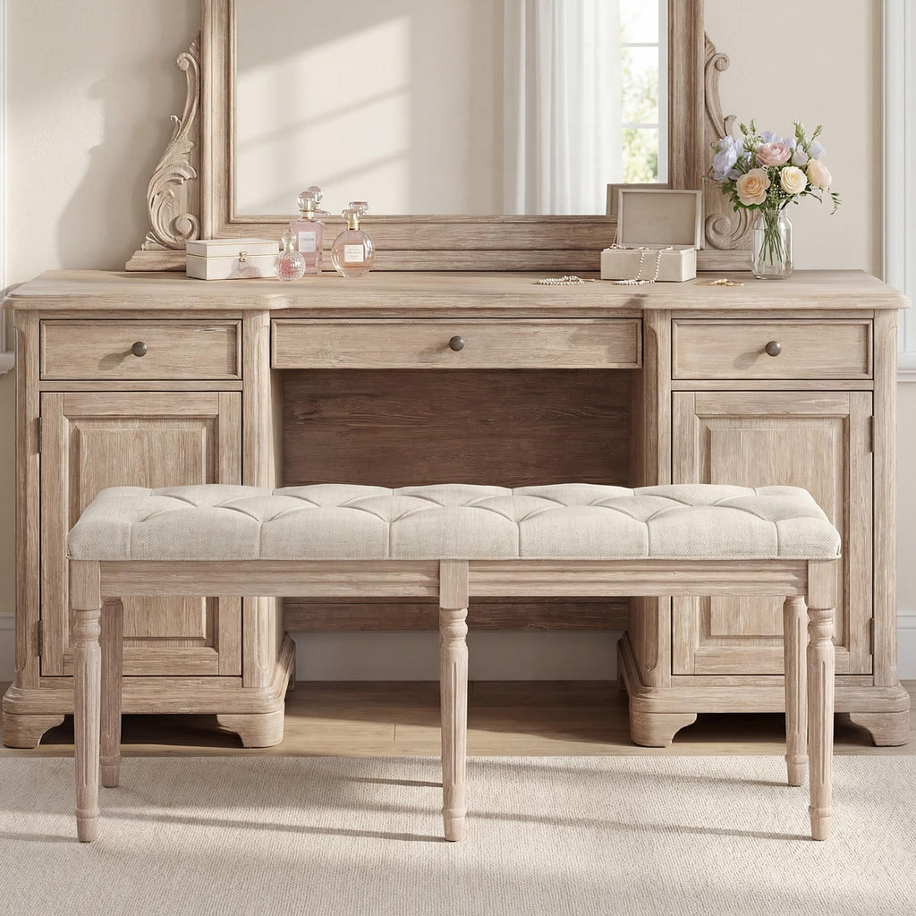 47.5-inches Upholstered Dining Bench, 2-Pack Button-Tufted Table Bench with Carved Rubber Wood Legs, Padded Seat