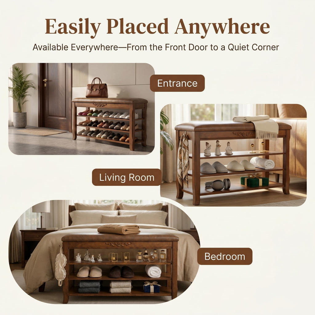 Shoe Rack Bench Entryway Storage with Leather Cushion, 31.5"