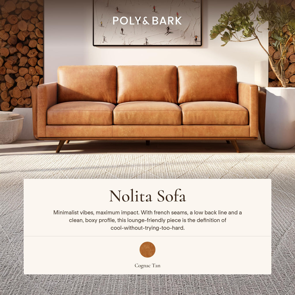 & BARK Nolita 85" Leather Sofa - Full-Grain Italian Aniline Leather, Feather-Down Comfort, Solid Wood Base - Cognac