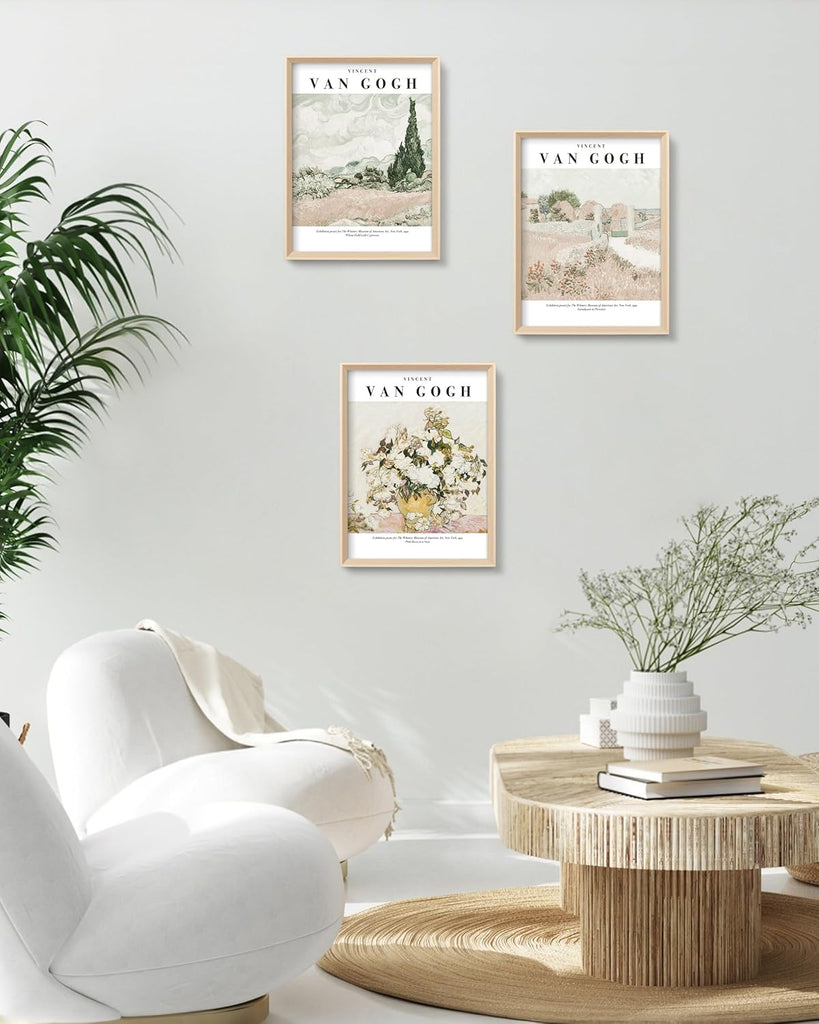 Van Gogh High Framed Wall Art Set of 3, 12x16in Neutral Floral Canvas Prints, Abstract Landscape Artwork Bedroom