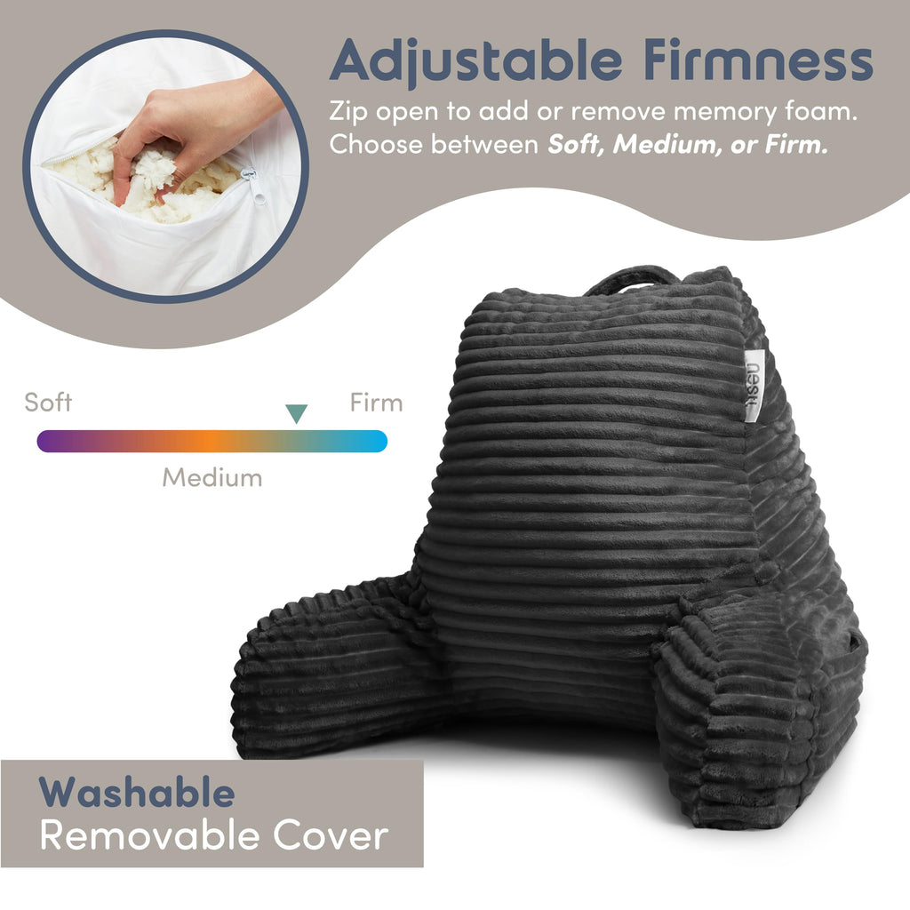 Reading Pillow with Shredded Memory Foam, Luxe Cut Plush Back Pillow for Sitting Up in Bed, Back and Arms Adjustable