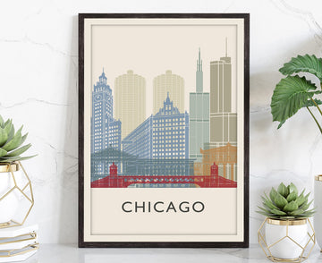 Chicago Illustration Poster, Skyline Poster Cityscape and Landmark Print, Home Wall, Office Decor - 24x36