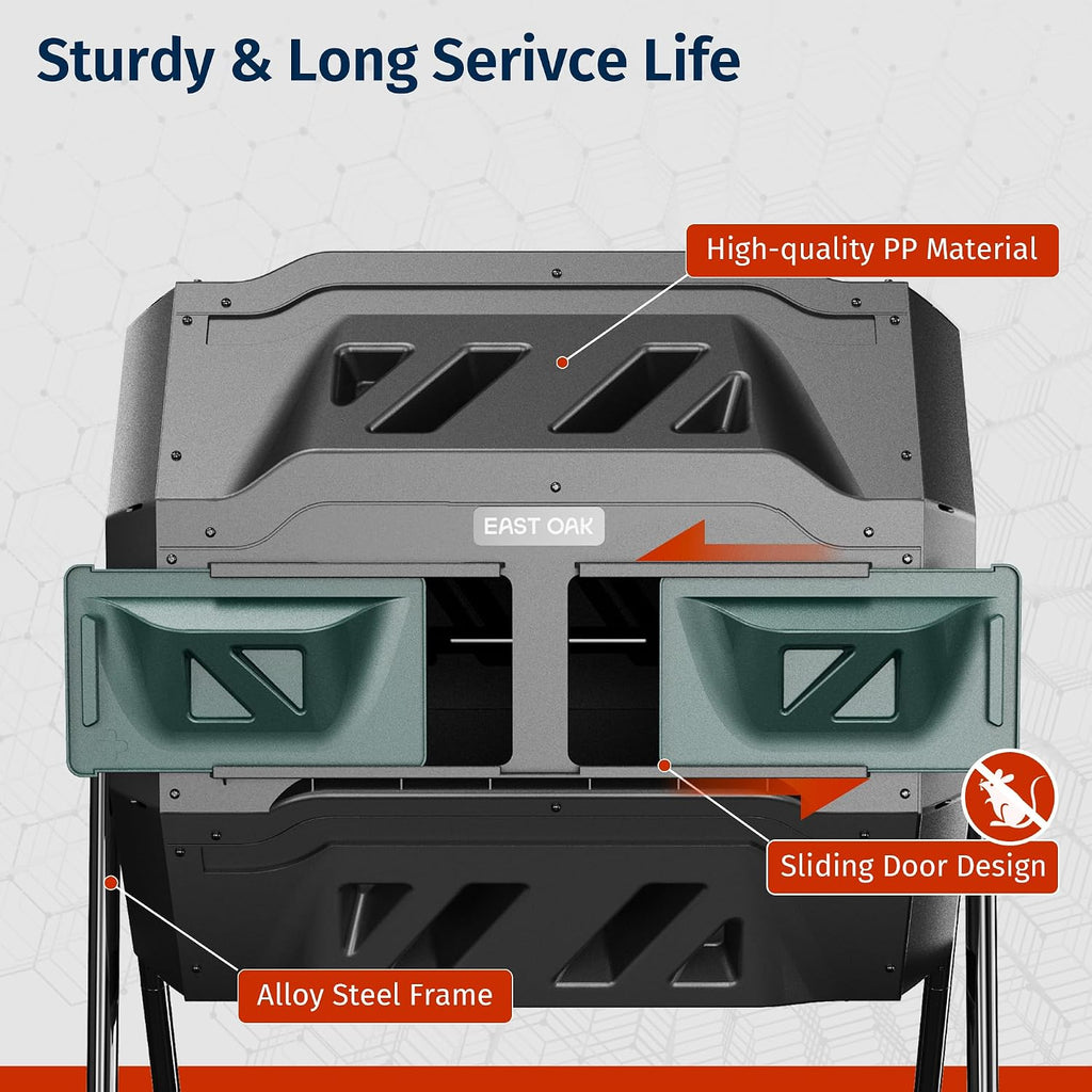 Compost Tumbler Outdoor, 43-Gal Dual Chamber Compost Bin with 2 Sliding Door and Aeration System, Tumbling Rotating