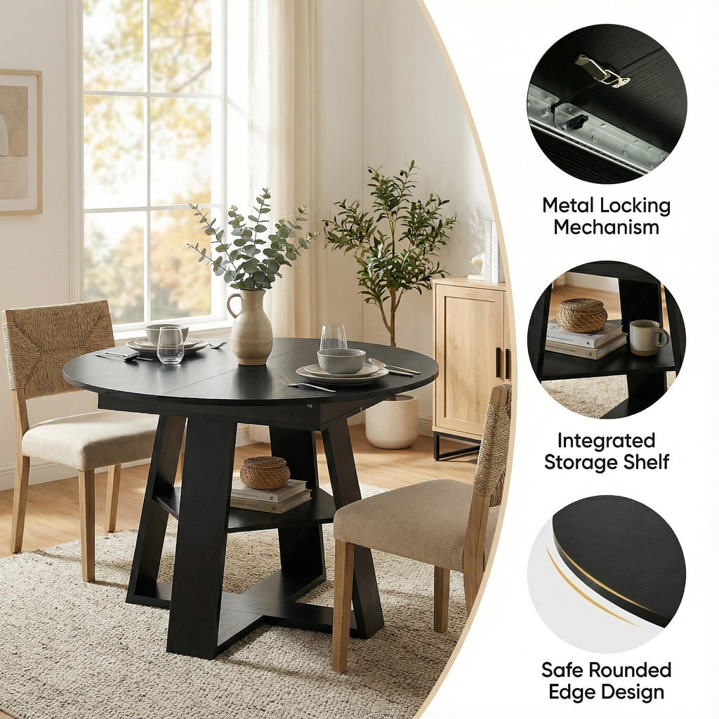 Black Extendable Round Dining Table for 4-6, 43.3"-59" Round to Oval Kitchen Table with Storage Shelf, Modern