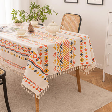 Waterproof Bohemian Tablecloth, 6-8 Foot Rectangle Fabric Orange Colorful Table Cloth with Soft Cott