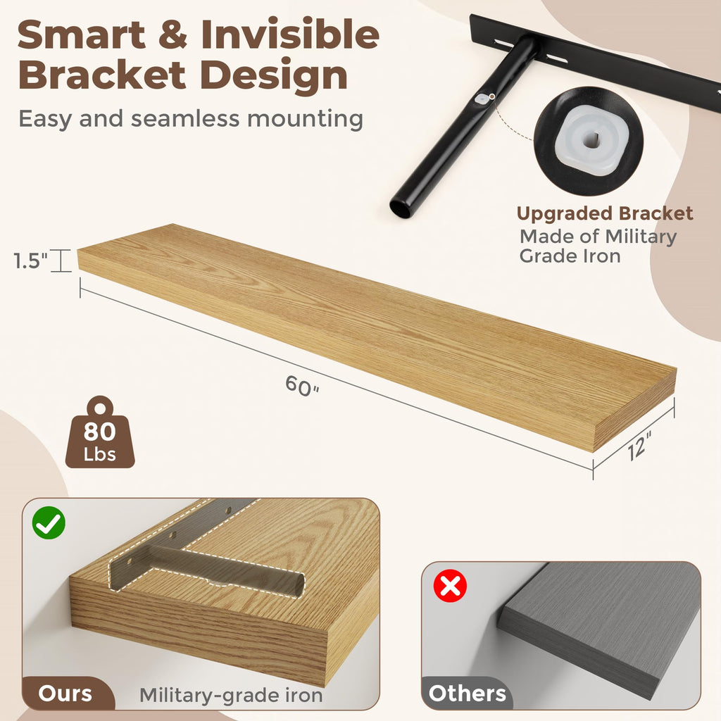 12 Inch Deep Floating Shelves, 60 Inch Long Extra Large Floating Shelves, Wall Shelves with Invisible Bracket, Oak