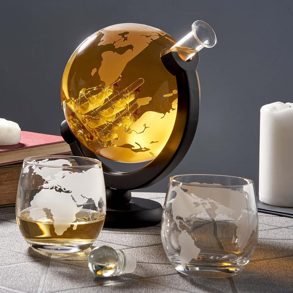 Large Globe Whiskey Decanter Sets for Men 50oz (1500ml) with 2 Glasses - Anniversary Birthday Gifts for Him, Men