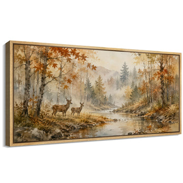 Extra Large Framed Canvas Print Wall Art Watercolor Autumn Forest Deer River Farmhouse Illustrations Modern Art