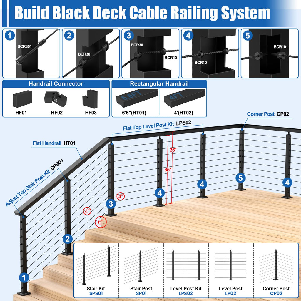 36" Stair Cable Railing Post (Post 35"x2"x2"), Adjustable Top Stair Post for 25-35 Degrees Stair, T304 Stainless
