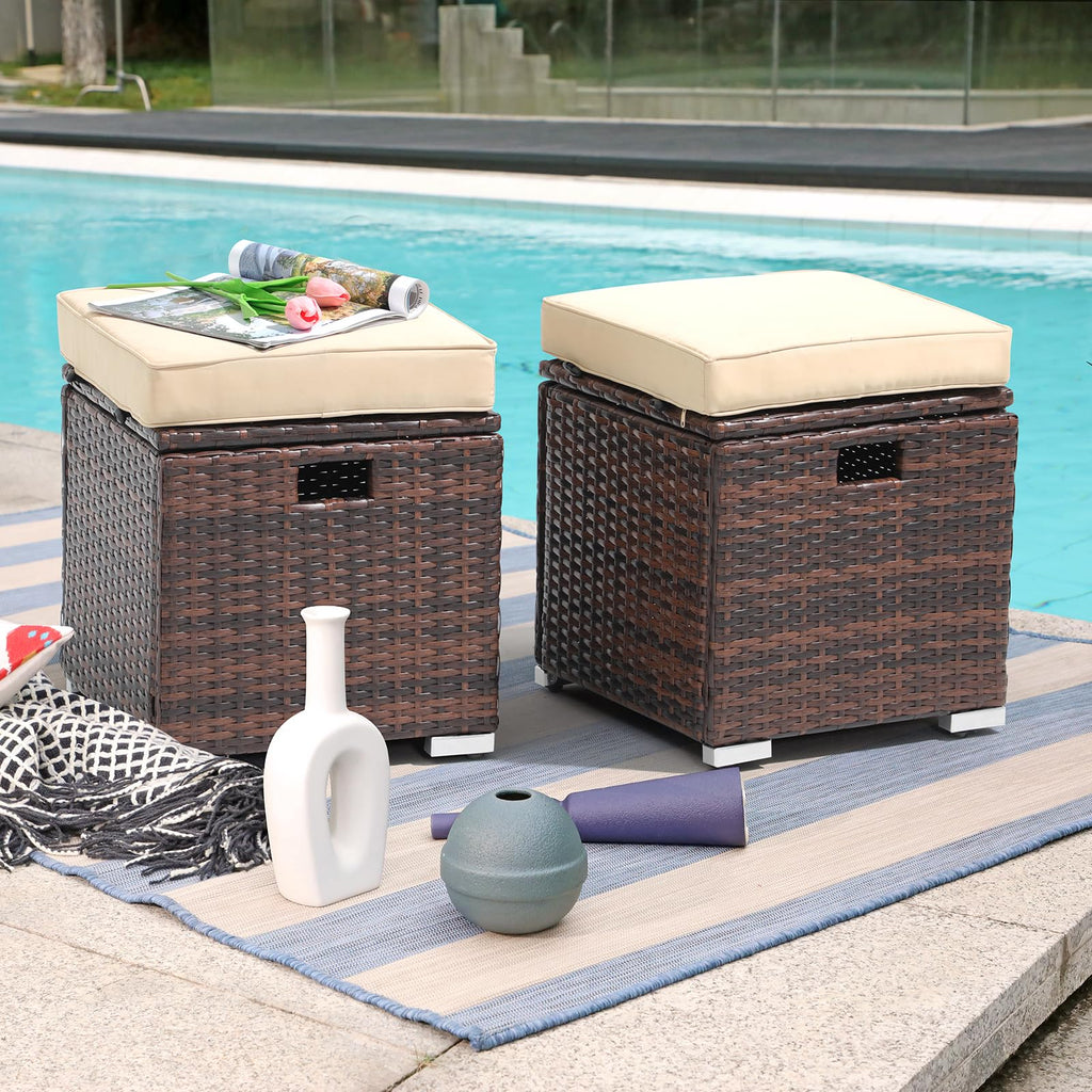2 Piece Outdoor Patio Ottoman with Storage, Wicker, Beige