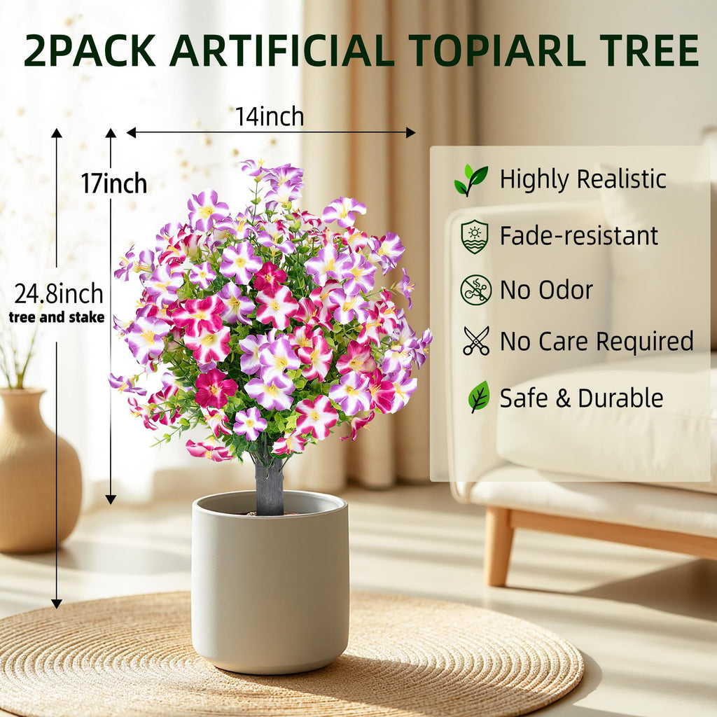 Artificial Flowers Topiary Ball Bush with Pink Purple Flower for Outdoor, 24.8" Fake Flower Tree Plant with Ground