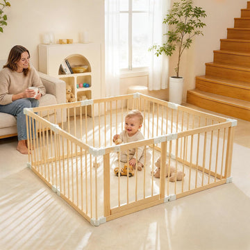 Baby Playpen, Wooden Play Yard with Gate, Playpen for Babies and Toddlers, Baby Activity Center with Child-Proof