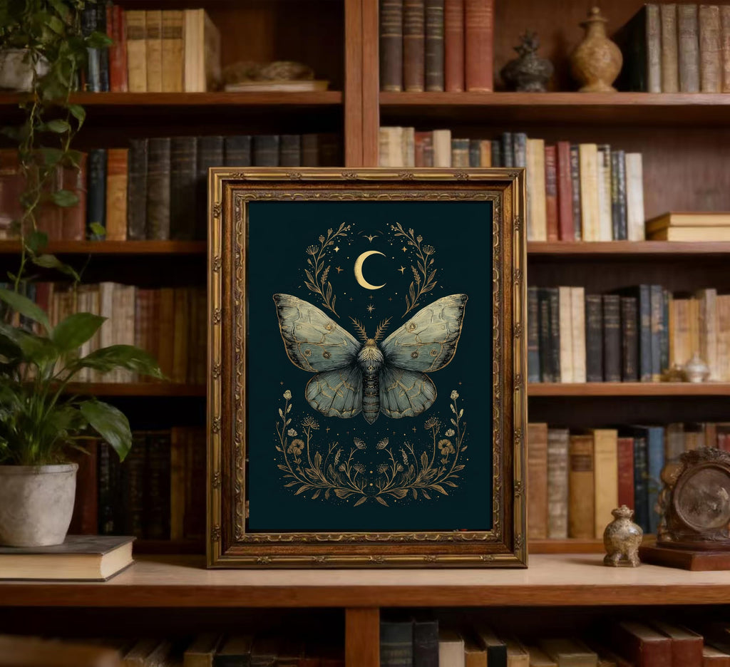 Vintage Gold Framed Celestial Moth Crescent Moon Wall Art Gothic Moody Ethereal Butterfly Picture Wall Decor Dark
