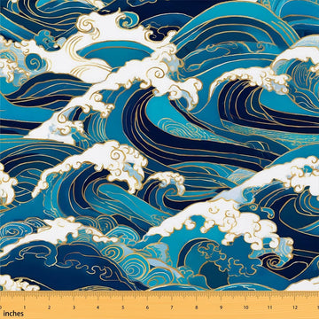 Ocean Waves Fabric By The Yard, Japanese Nautical Upholstery Fabric