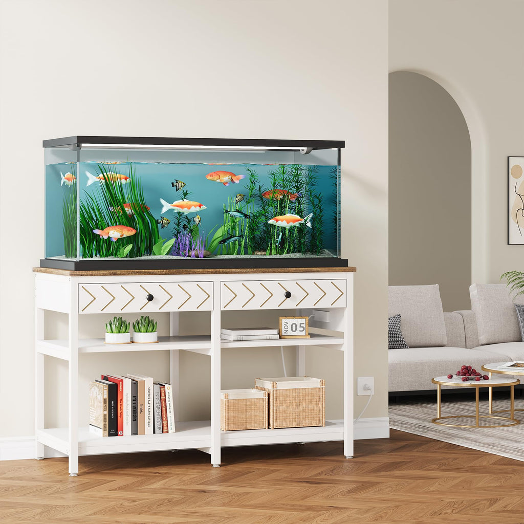 40-50 Gallon Fish Tank Stand with Power Outlets, White/Brown