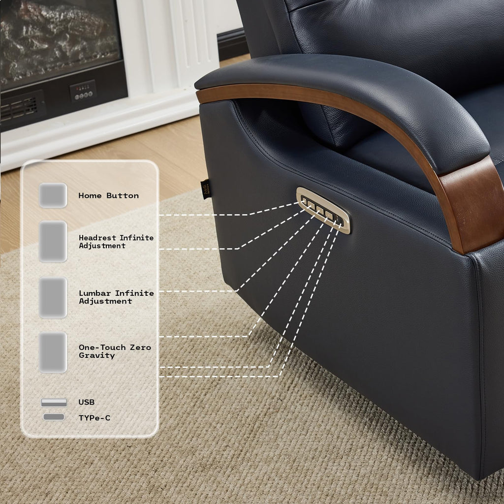 Triple-Motor Genuine Leather Zero Gravity Power Recliner, Dark Blue