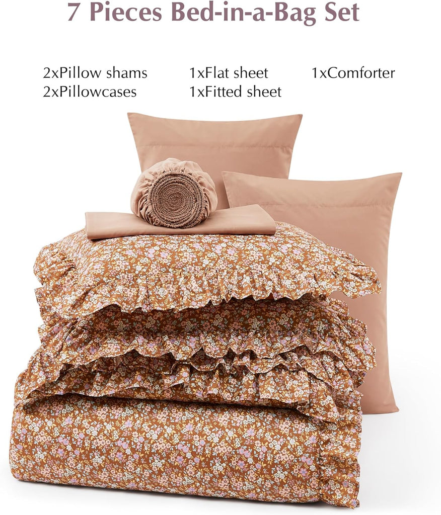 Queen Comforter Set - 7 Pieces Ruffle Brown Bedding Sets, Shabby Chic Farmhouse Bed in a Bag with Ruffle Comforter