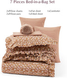 Queen Comforter Set - 7 Pieces Ruffle Brown Bedding Sets, Shabby Chic Farmhouse Bed in a Bag with Ruffle Comforter