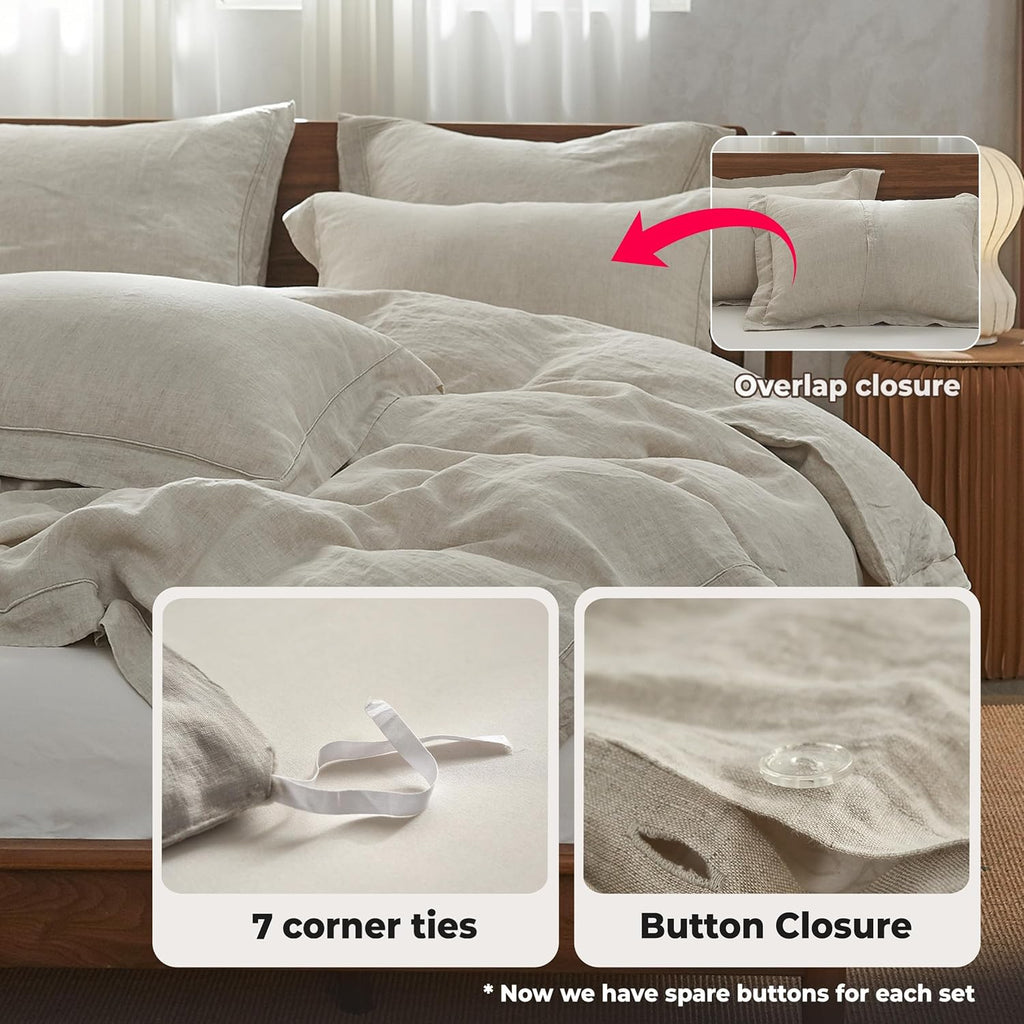 100% Washed Linen Duvet Cover Set with Embroidered,3 Pieces Soft Farmhouse Comforter Set with Button Closure,1 Duvet