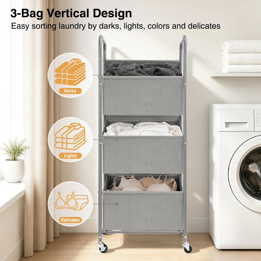 3-Tier Vertical Rolling Laundry Hamper, Removable Bags, Gray Faric