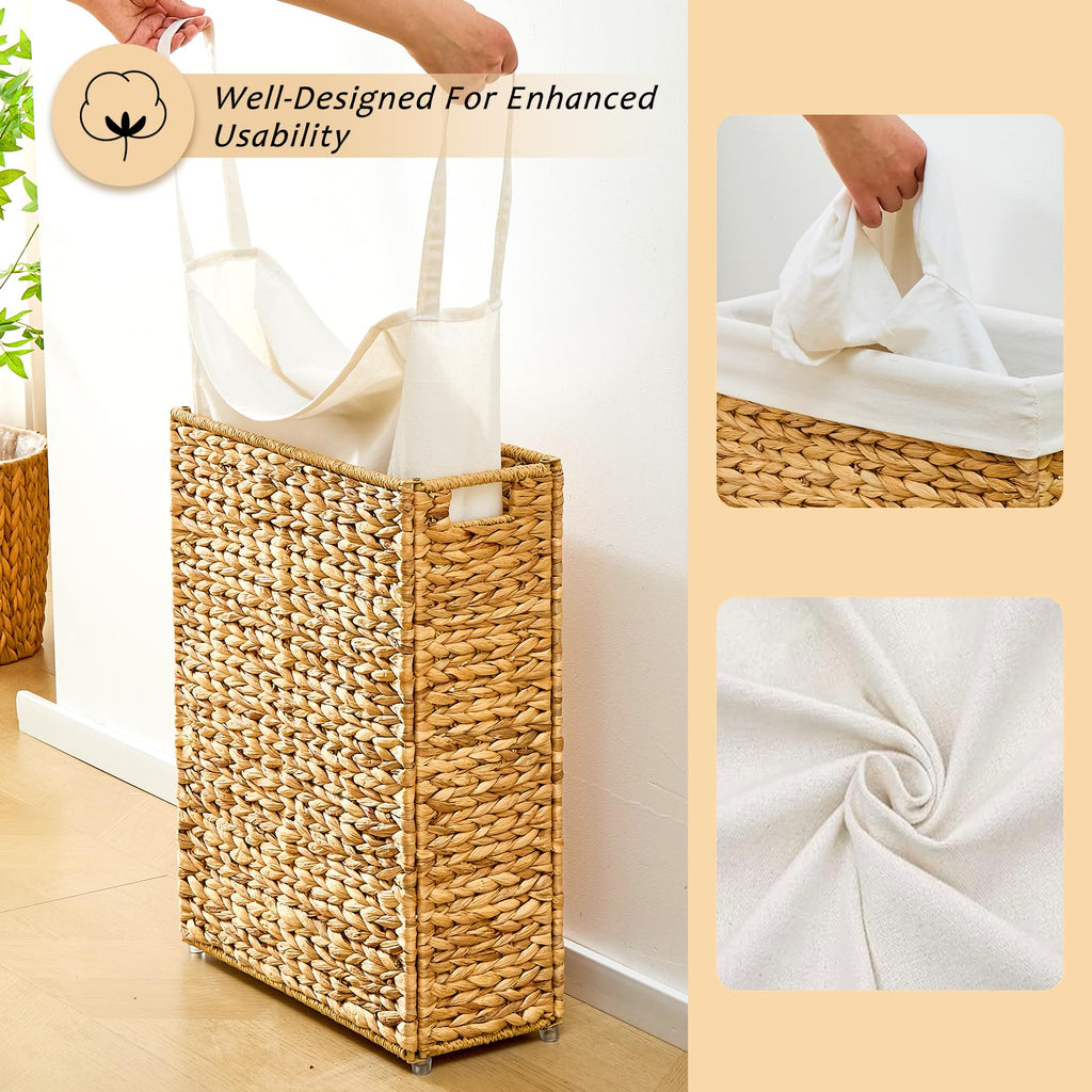 Slim Laundry Hamper, Handwoven Natural Water Hyacinth Basket