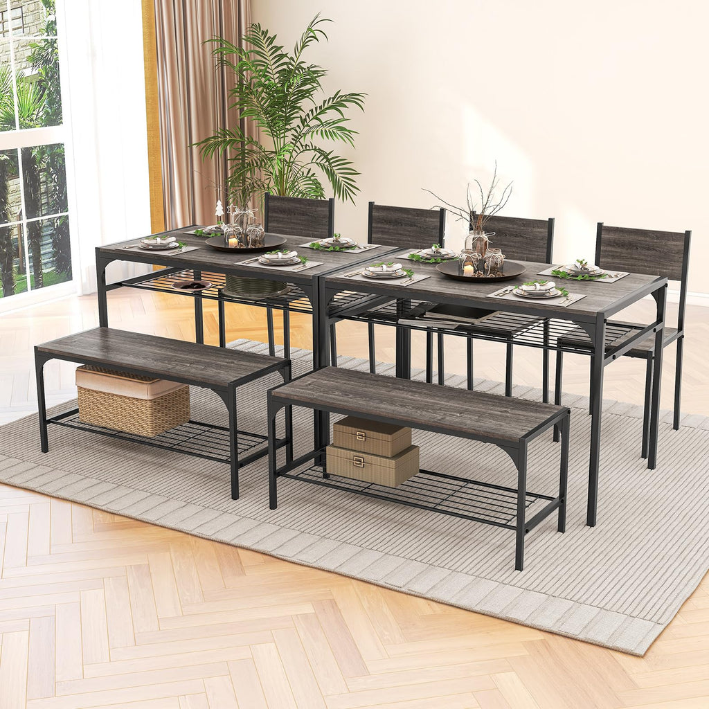 4-Piece Dining Table Set for 4, Industrial Kitchen Table with 2 Chairs and Bench, Space-Saving Dinette Set with Metal