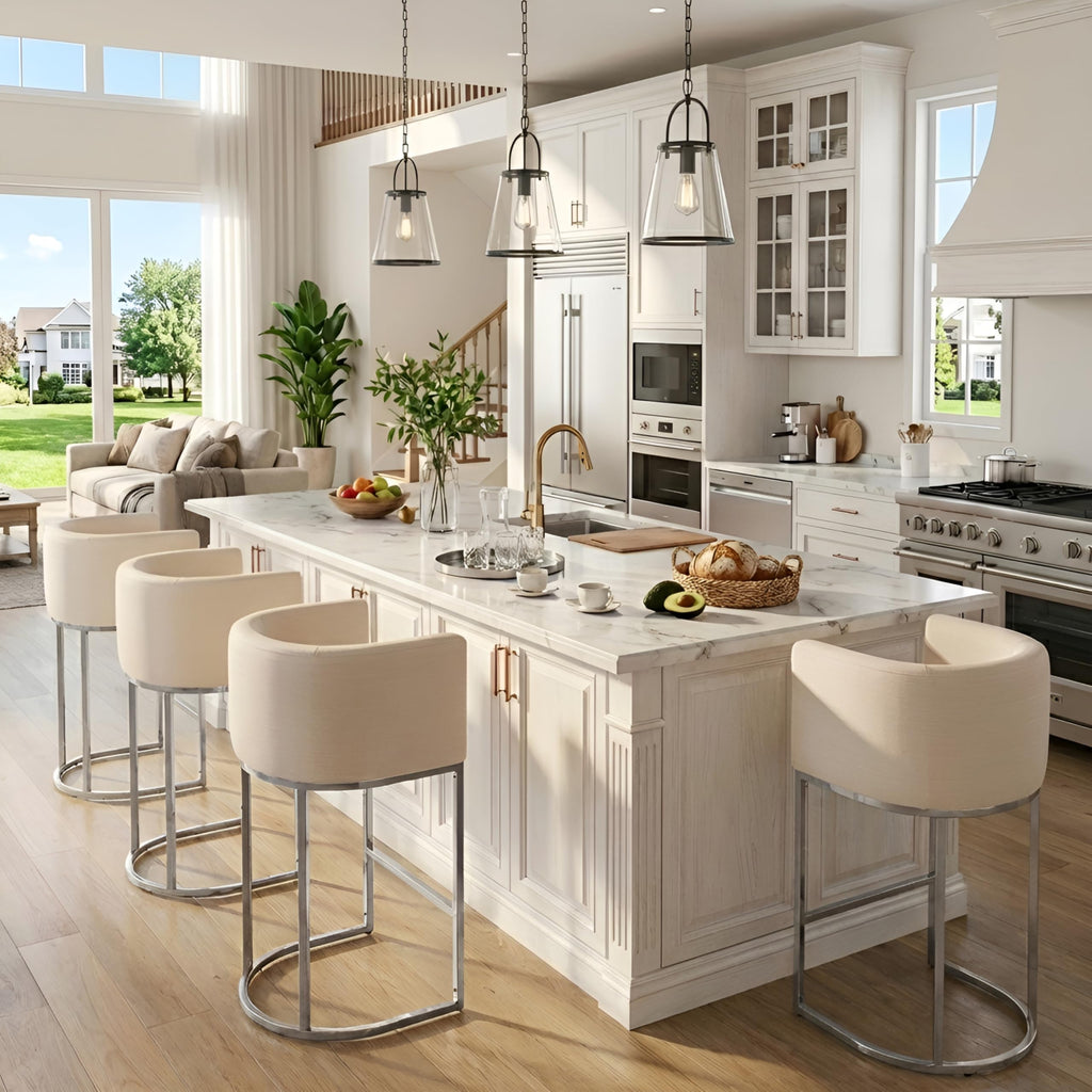 Modern Counter Height Linen Fabric Upholstered Counter Stools Set of 3, 29 Inch Cream Kitchen Island Stools with
