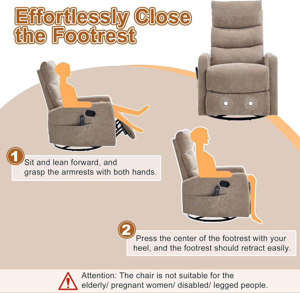 Manual Swivel Rocker Recliner Chair for Adults, Overstuffed Reclining Glider Chair for Nursing with Vibration Massage
