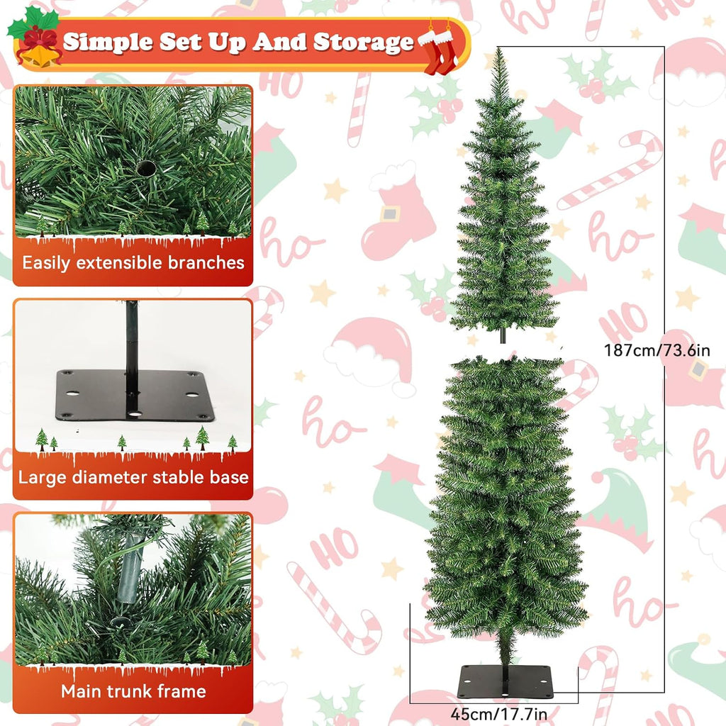 Green Pencil Artificial Christmas Tree Pre-Lit with Warm Lights, Slim Xmas Tree