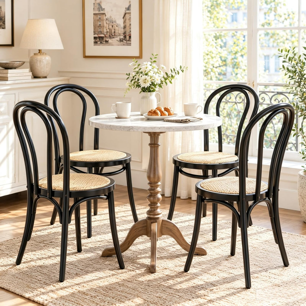 Solid Wood Dining Chairs Set of 2, French Bistro Dining Chairs, Solid Bentwood Chairs with Rattan Seat for