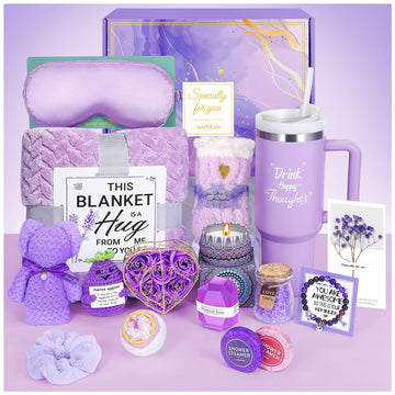 Birthday Gift for Women, Self Care Get Well Soon Gifts, Lavender Relaxing Spa Basket Care Package w/ Flannel Blanket