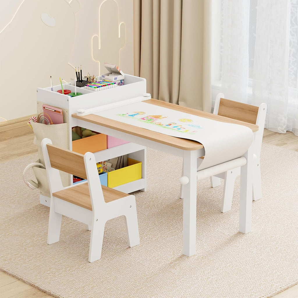 Kids Art Table and Chair Set with 2 Chair & Bins, 40" L x 20" W, Natural