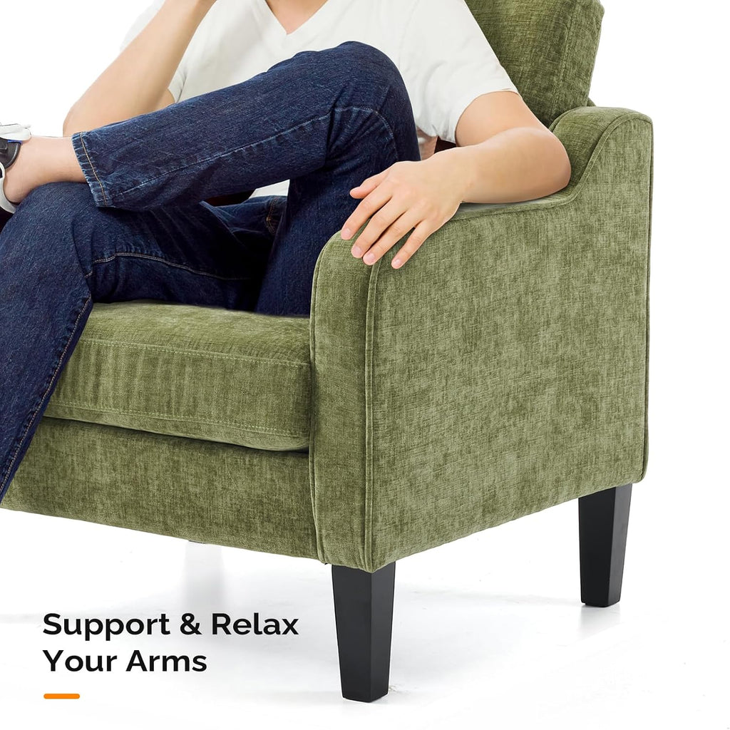 Chair Olive Green Upholstered Chenille Accent Chair , Mid-Century Modern Arm Chair Comfy Reading Chair with Scooped