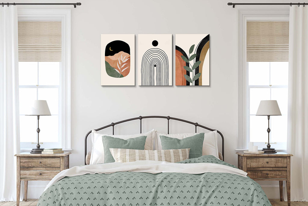 Boho Wall Art Prints Set of 3, Boho Wall Decor, Mid Century Modern Prints Sun Moon Leaf Mountain Canvas Wall