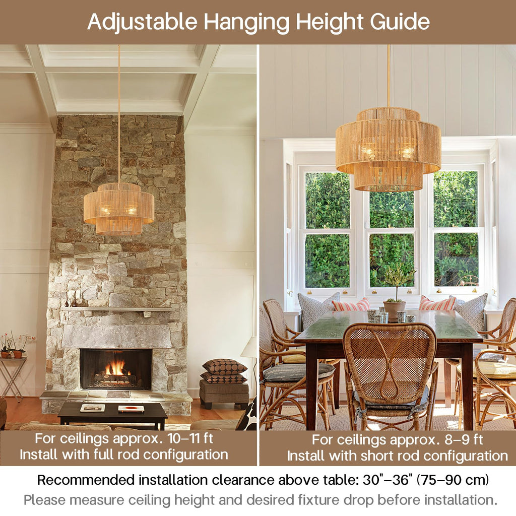 24'' Boho Rattan Chandelier, 4-Light Hand-Woven Wicker Pendant Lamp, Rustic Modern Ceiling Light Fixture Island