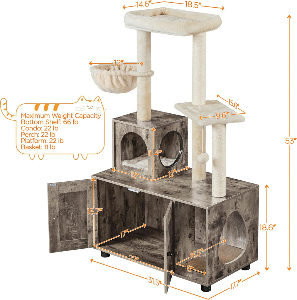 Litter Box Enclosure with Cat Tree, All-in-one Indoor Kitten House w/Scratching Posts, Wooden Cat Litter Box