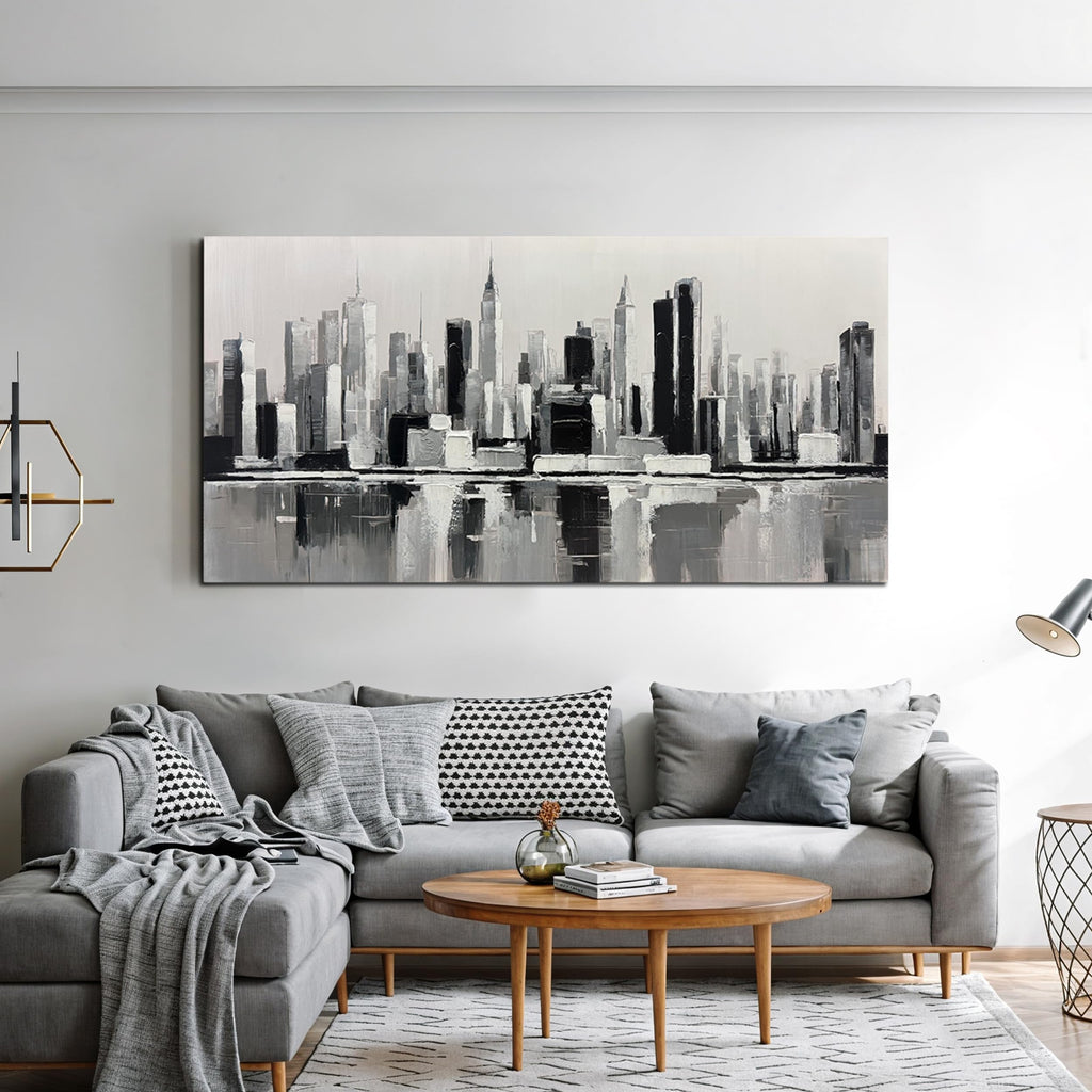 Black and White Wall New York City Textured Painting 24x48 Inch
