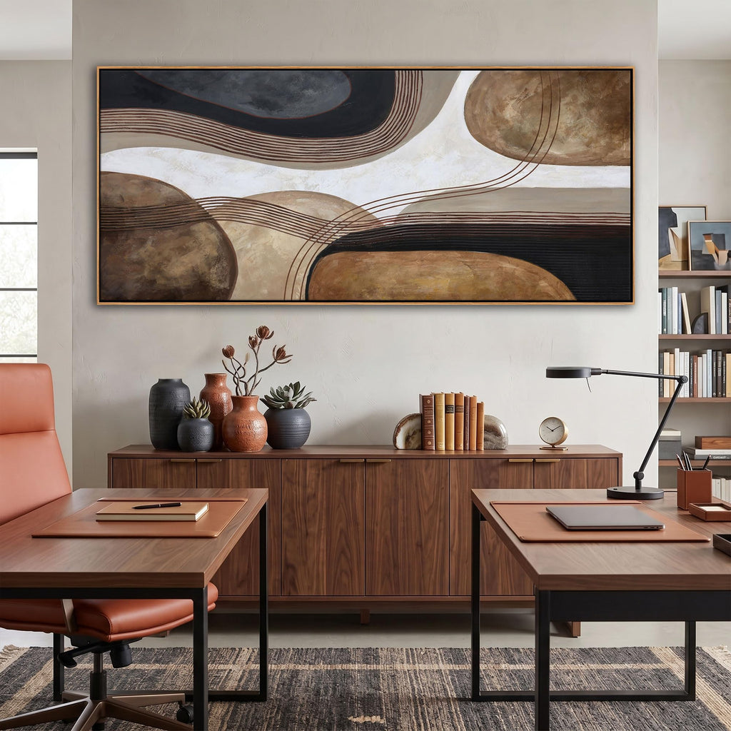 Large Brown and Black Abstract Canvas Wall Art - Modern Framed Artwork, Minimalist Neutral Bedroom Wall Decor Above